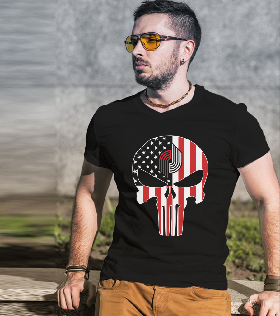Portland Trail Blazers Punisher American Flag Skull T-Shirt