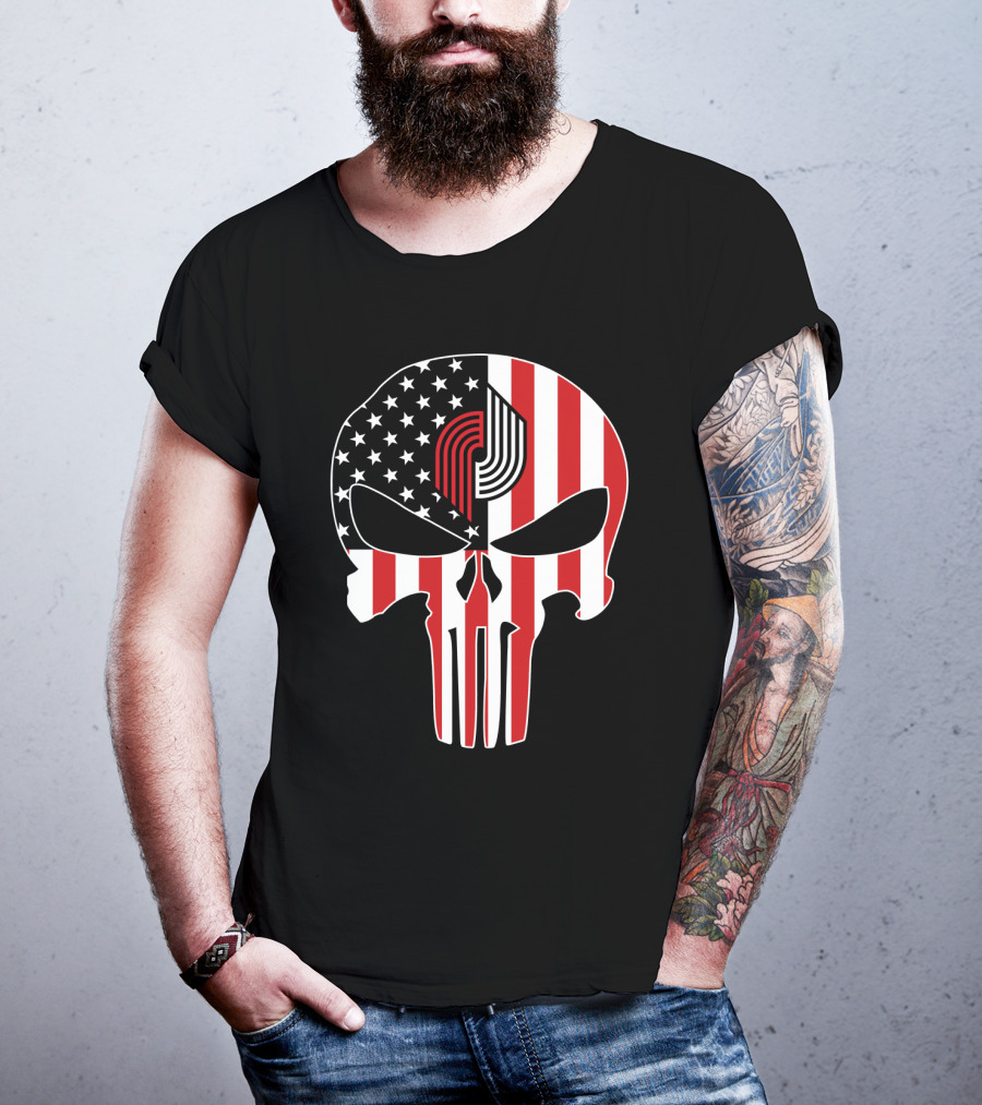 Portland Trail Blazers Punisher American Flag Skull T-Shirt