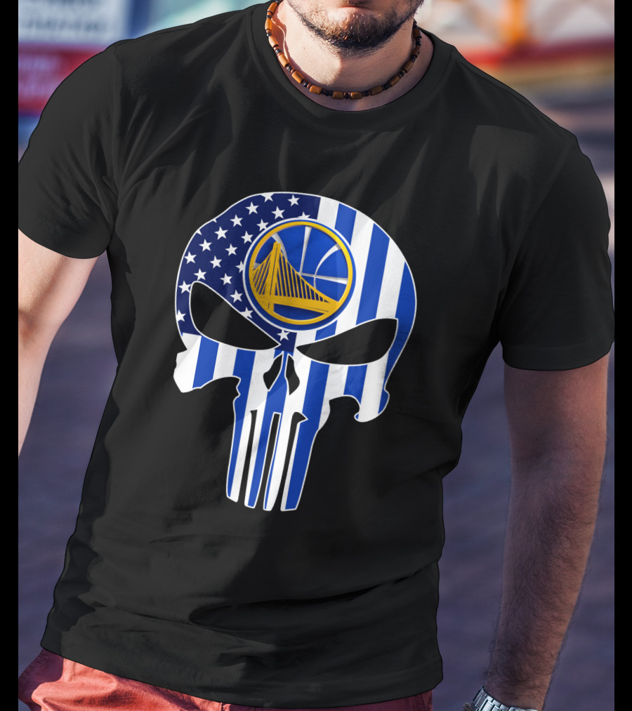 Golden State Warriors Skull Blue American Flag T-Shirt