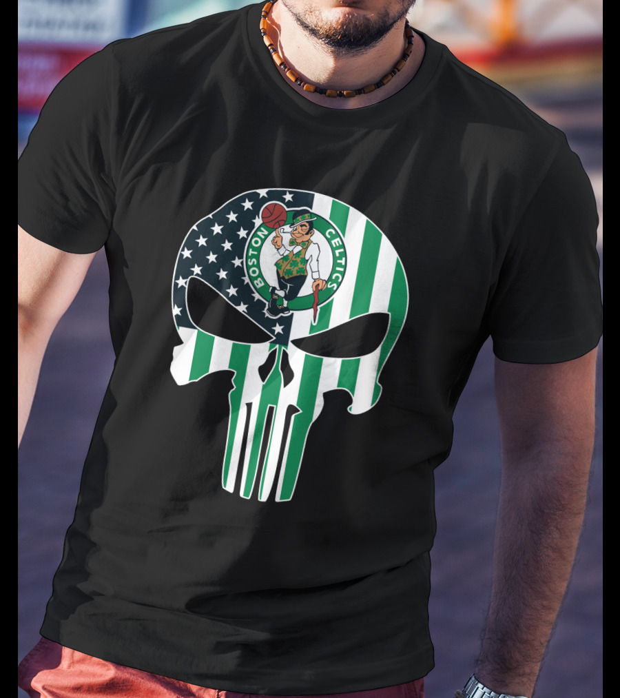 Boston Celtics American Flag Punisher Skull T-Shirt