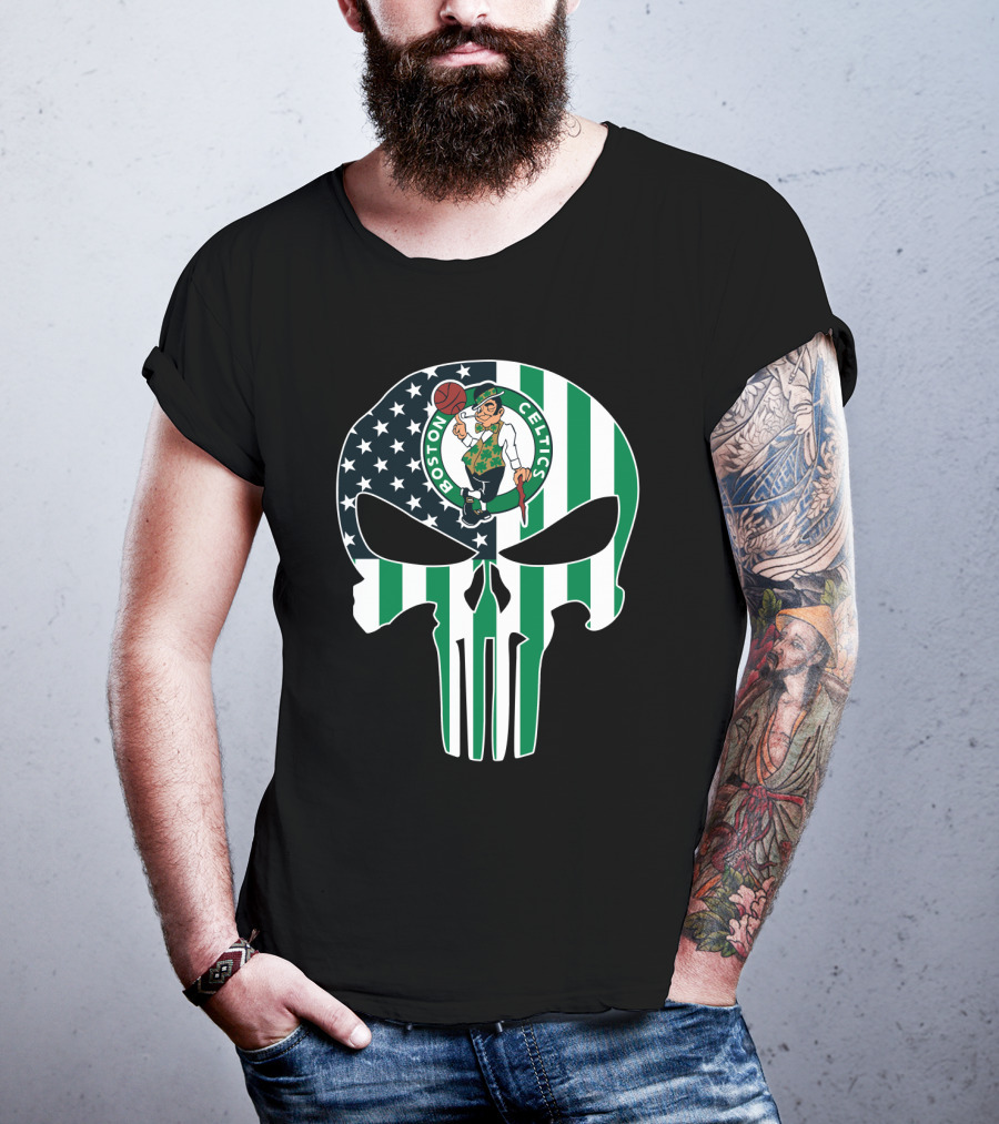 Boston Celtics American Flag Punisher Skull T-Shirt
