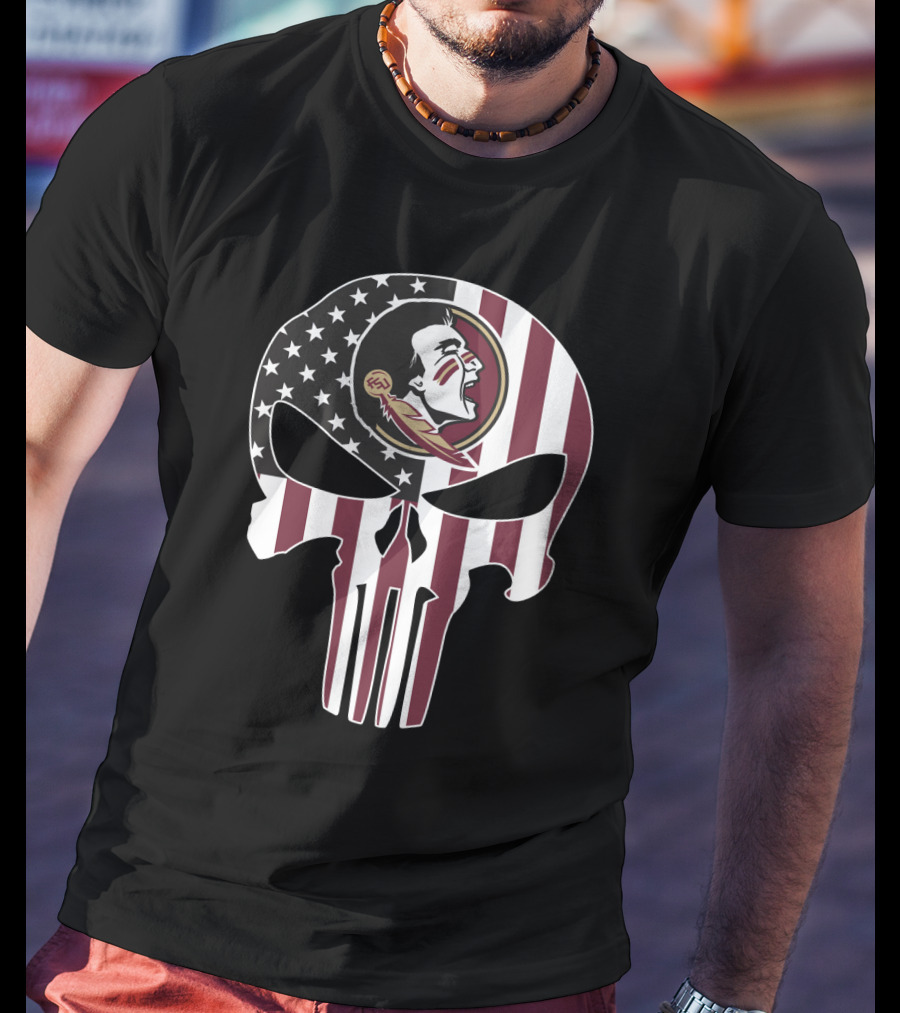 Florida State Seminoles Skull American Flag Logo Fusion T-Shirt