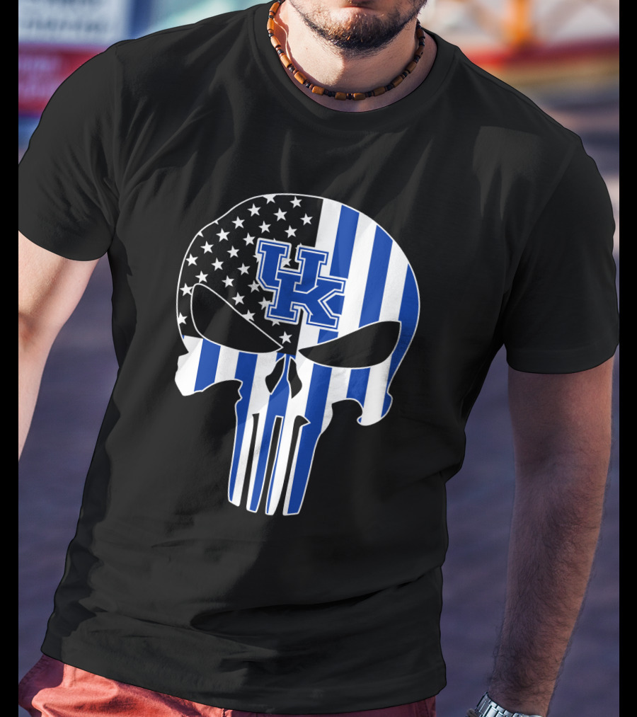 Uk Wildcats Punisher Skull American Flag Blue Stripes T-Shirt