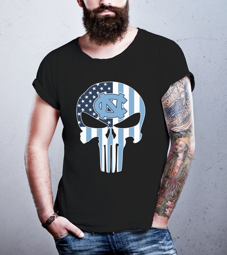 North Carolina Tar Heels Skull American Flag T-Shirt