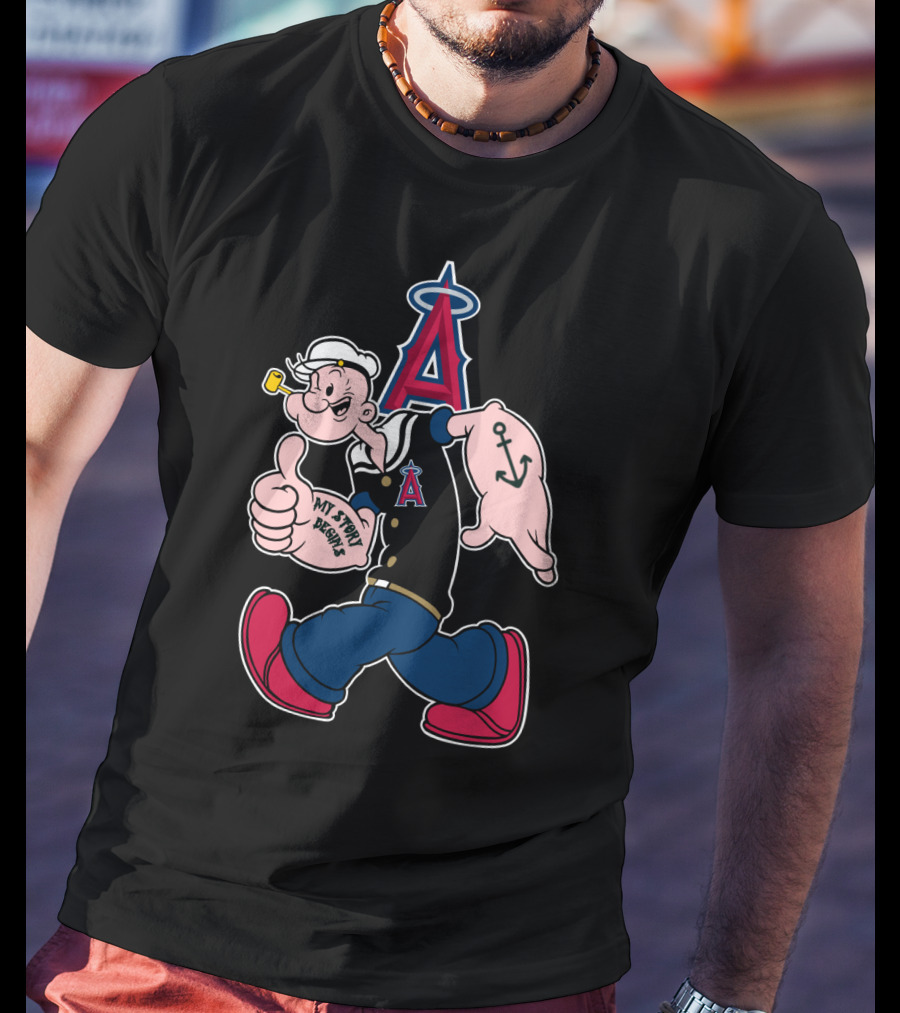 Popeye Thumbs Up Los Angeles Angels Mlb Collaboration With My Story Begins Anchor Tattoo T-Shirt