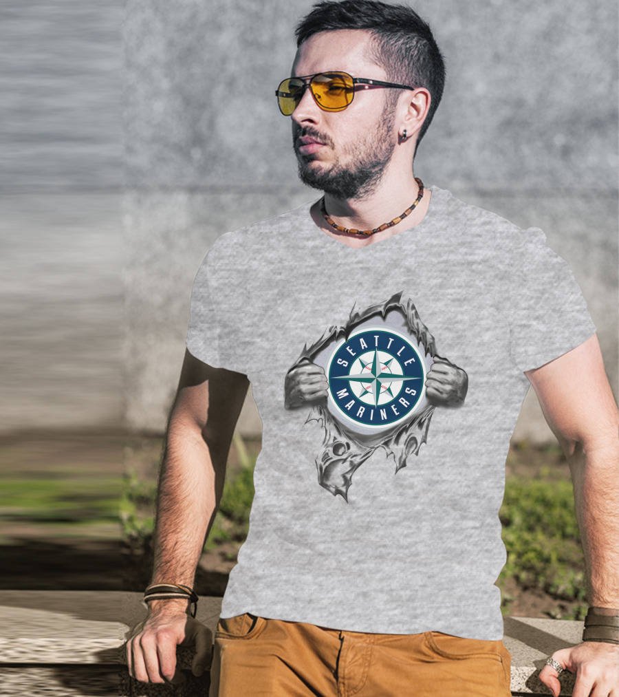 Seattle Mariners Compass Logo Breaking Through Gray T-Shirt