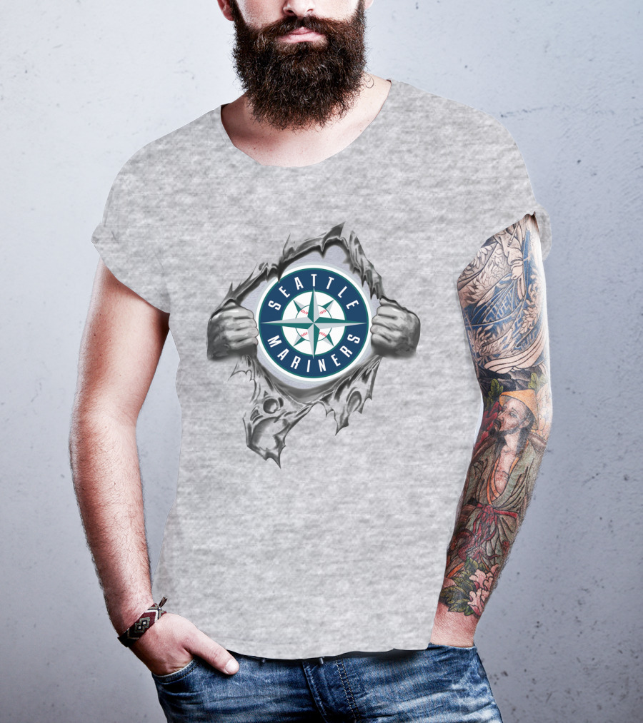 Seattle Mariners Compass Logo Breaking Through Gray T-Shirt