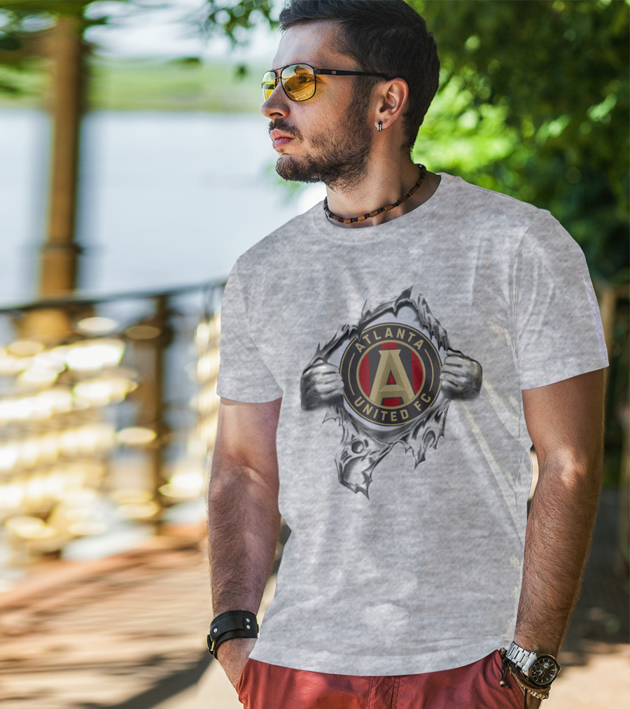 Atlanta United Fc Emblem Revealed Through Ripped Metallic Texture T-Shirt