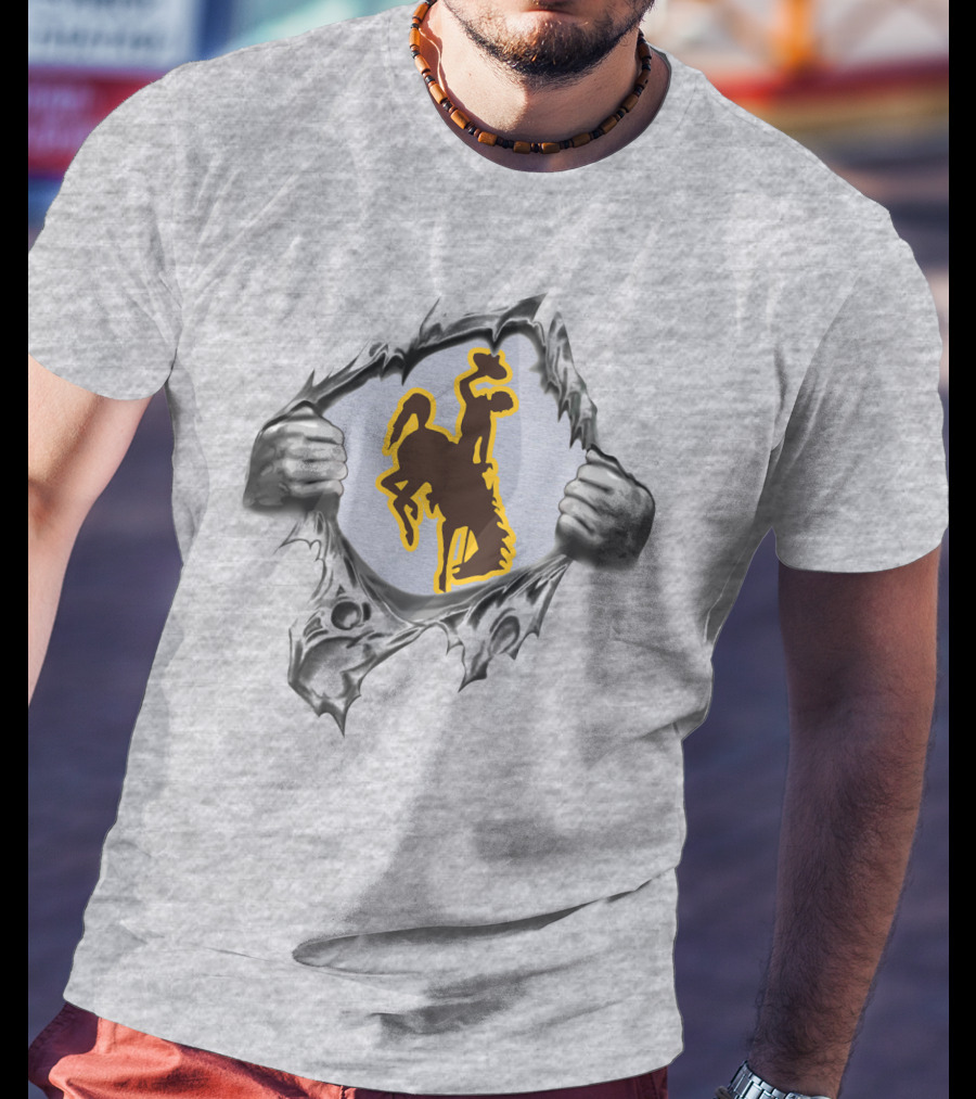 Wyoming Cowboys Bucking Horse And Rider Symbol Tearing Through Surface T-Shirt