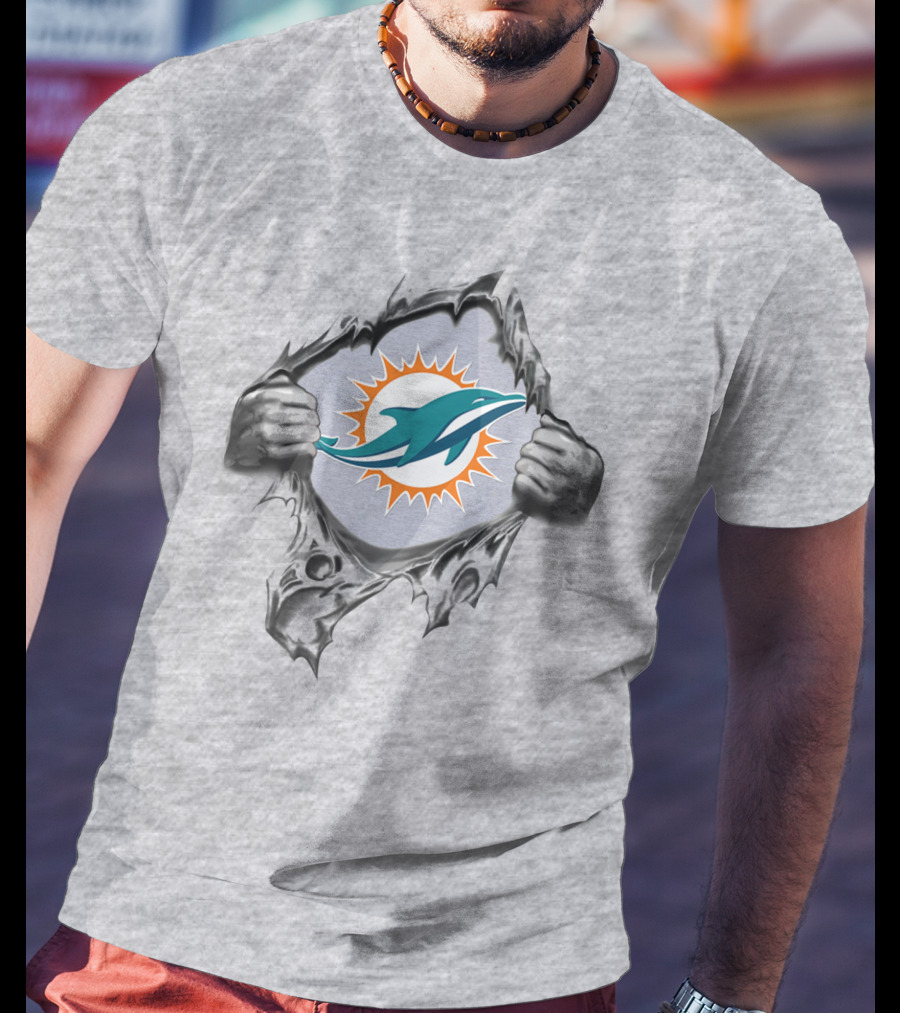 Miami Dolphins Logo In Ripped Metal Design Featuring Team T-Shirt