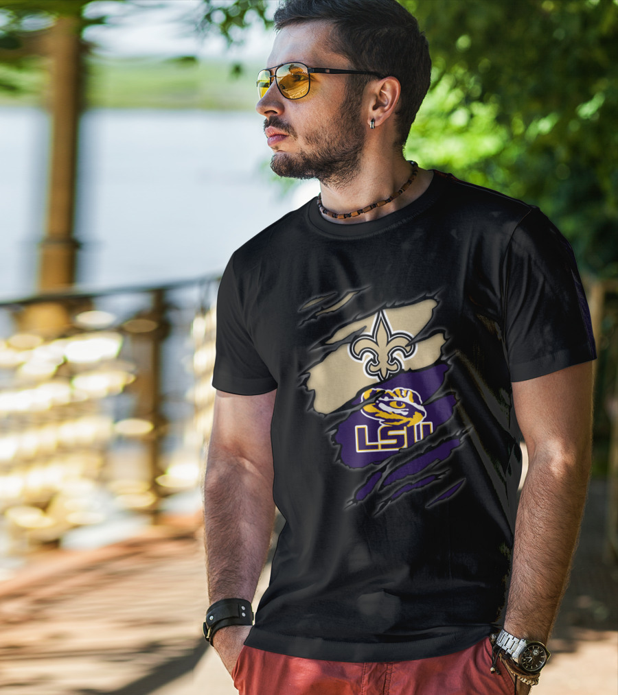 New Orleans Saints Fleur-De-Lis And Lsu Tigers Logo Blend T-Shirt