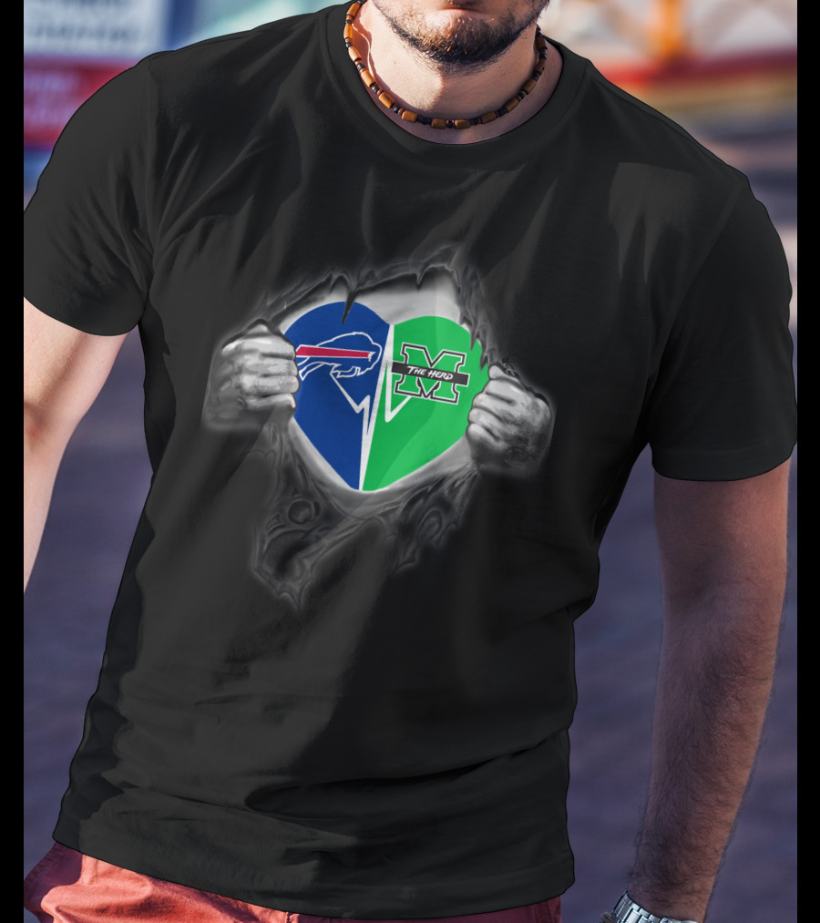 Buffalo Bills And Marshall Thundering Herd Heart Emblem With Torn Hands T-Shirt