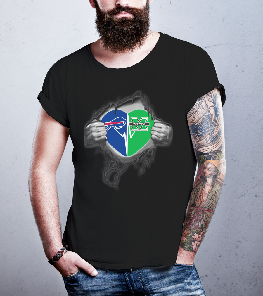 Buffalo Bills And Marshall Thundering Herd Heart Emblem With Torn Hands T-Shirt