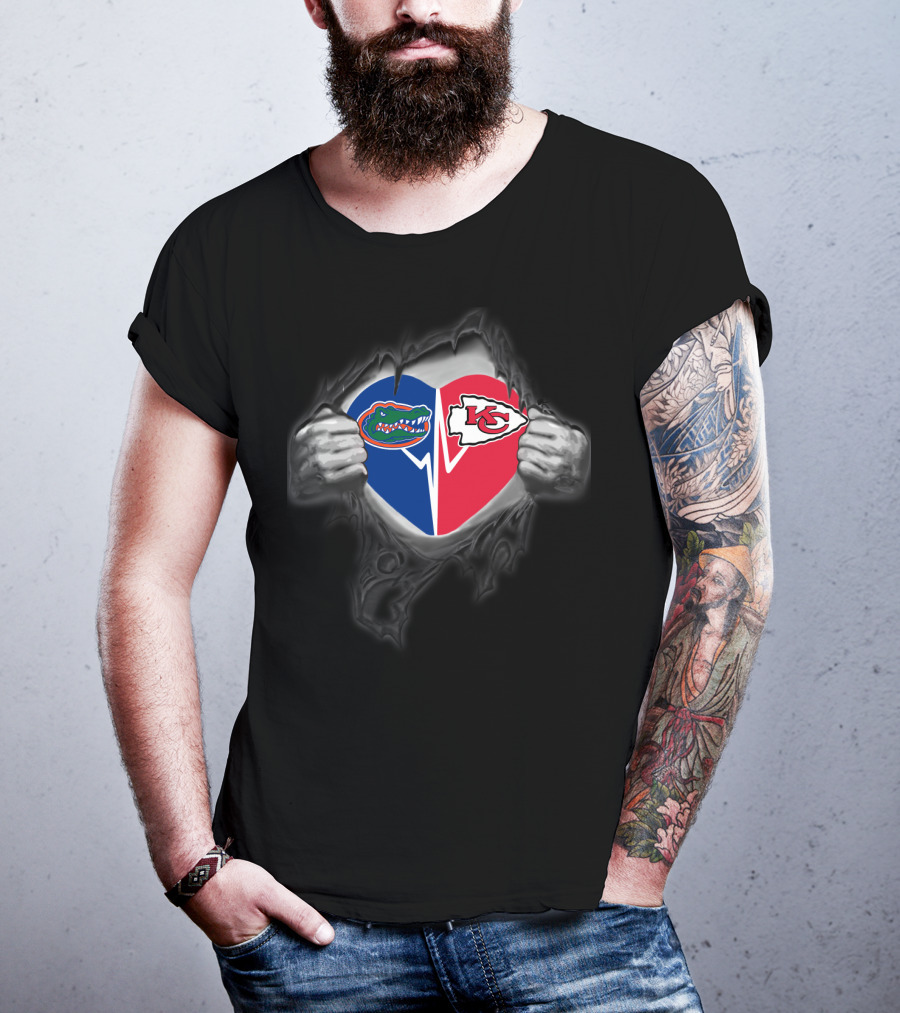 Florida Gators And Kansas City Chiefs Heart Symbol With Torn Effect T-Shirt