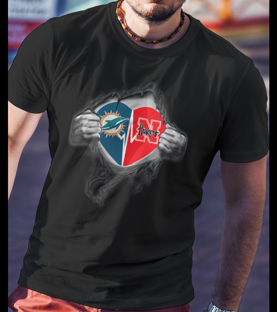 Dolphins Nebraska Cornhuskers Heart Logo Torn Fabric T-Shirt