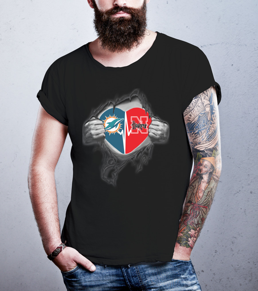 Dolphins Nebraska Cornhuskers Heart Logo Torn Fabric T-Shirt