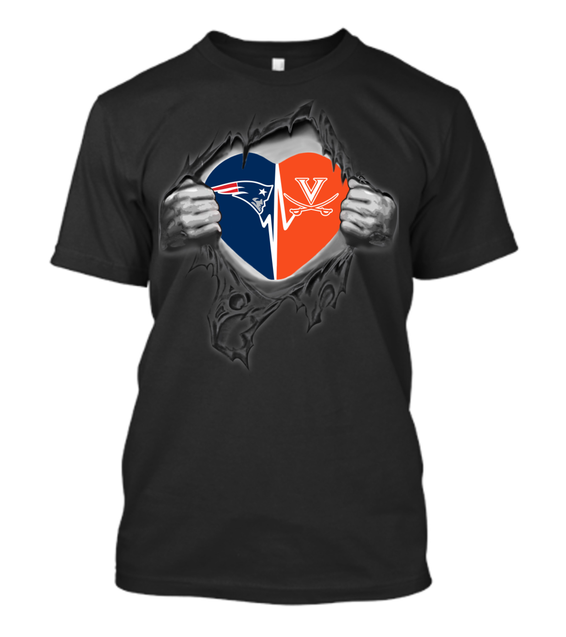 New England Patriots And Virginia Cavaliers Heart Logo Fusion T-Shirt