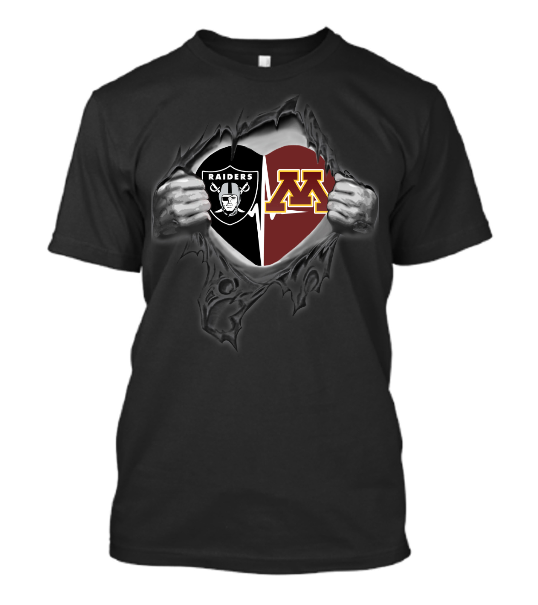 Raiders Minnesota Split Heart Logo With Hands Peeling Back Black T-Shirt