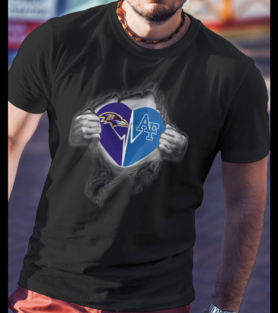 Ravens And Air Force Falcons Heart Design With Torn Fabric Effect T-Shirt