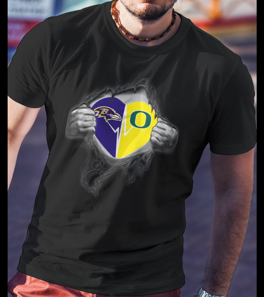 Baltimore Ravens Heart Oregon Ducks Football Loyalty Fusion T-Shirt