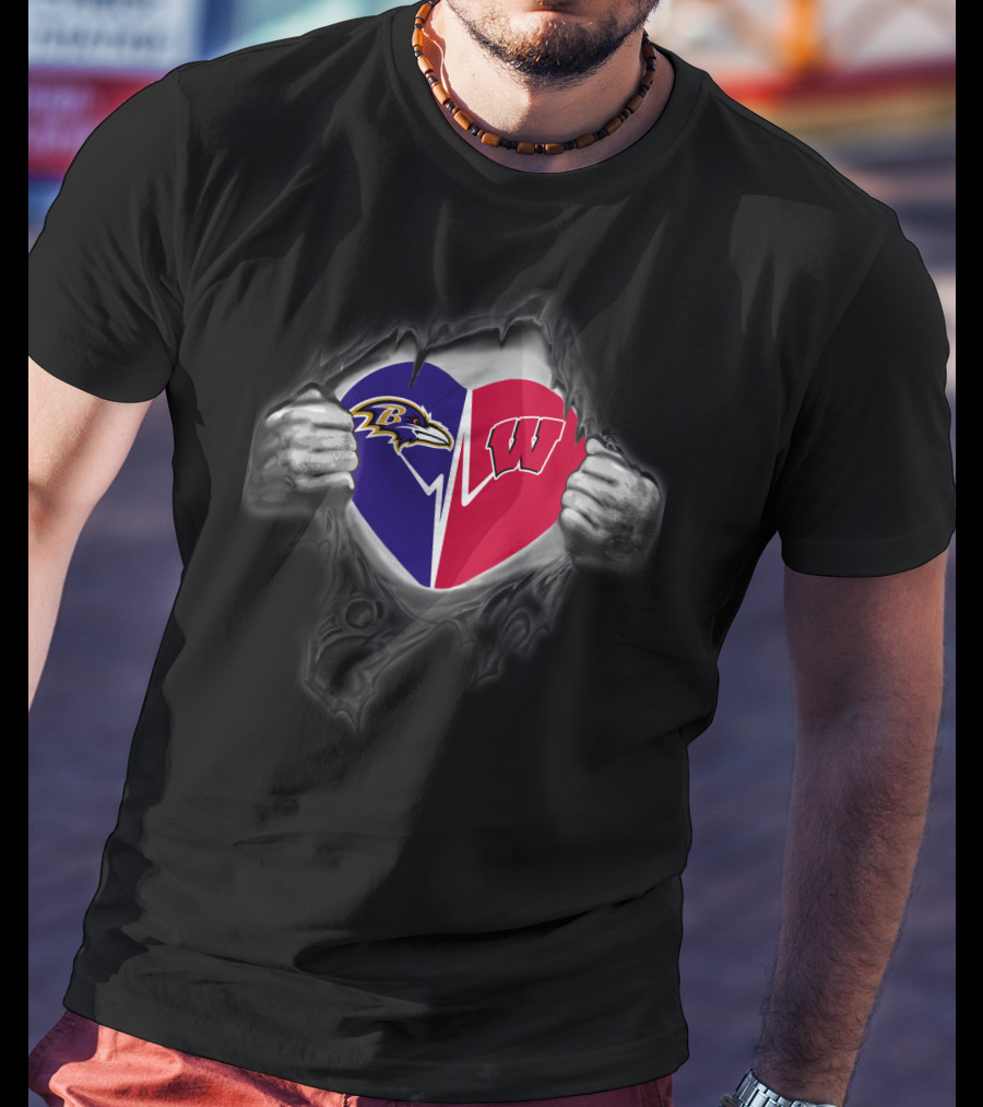 Baltimore Ravens Wisconsin Badgers Heart Logo Fusion T-Shirt