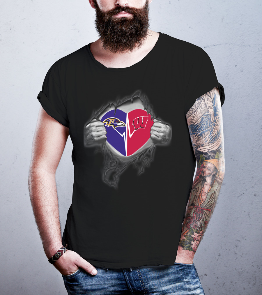 Baltimore Ravens Wisconsin Badgers Heart Logo Fusion T-Shirt