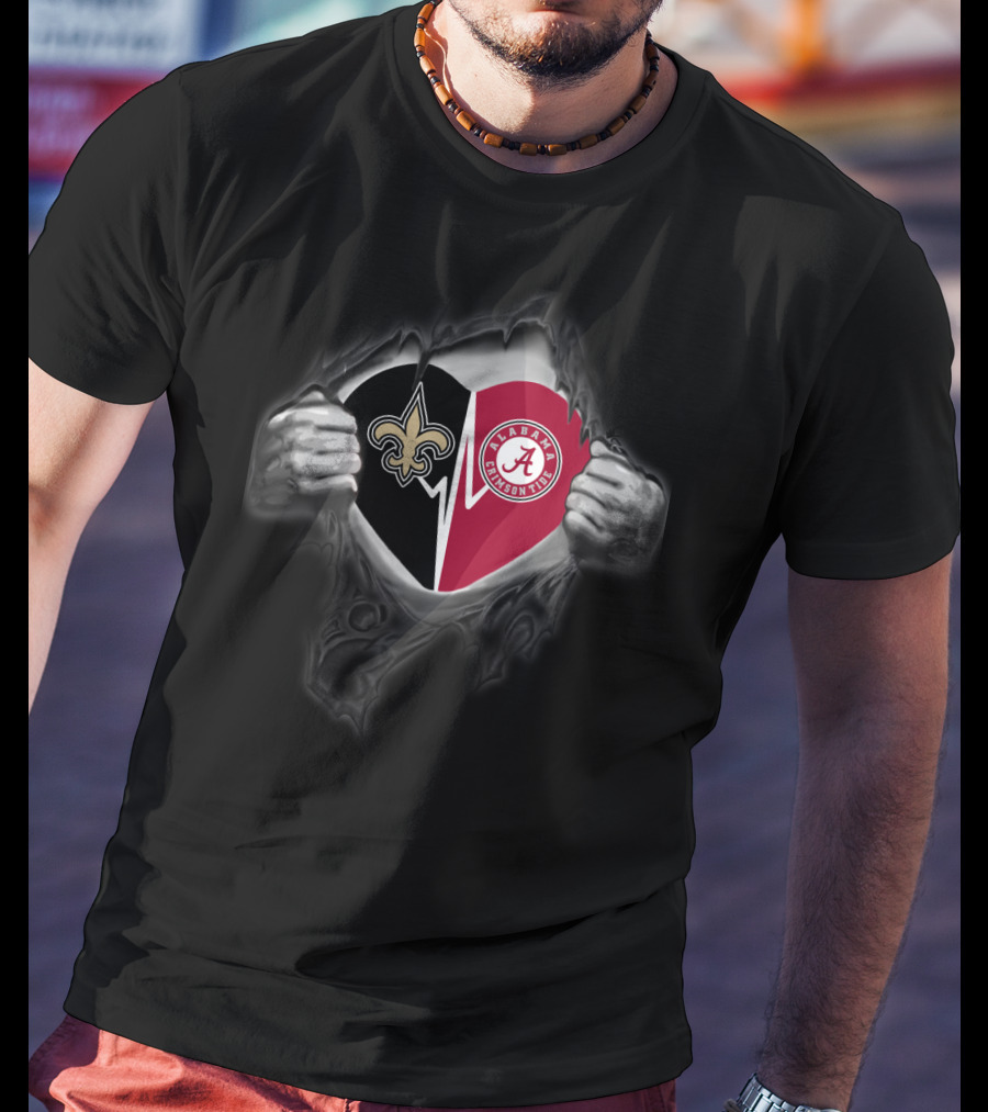 Saints And Alabama Crimson Tide Heart Torn Open T-Shirt