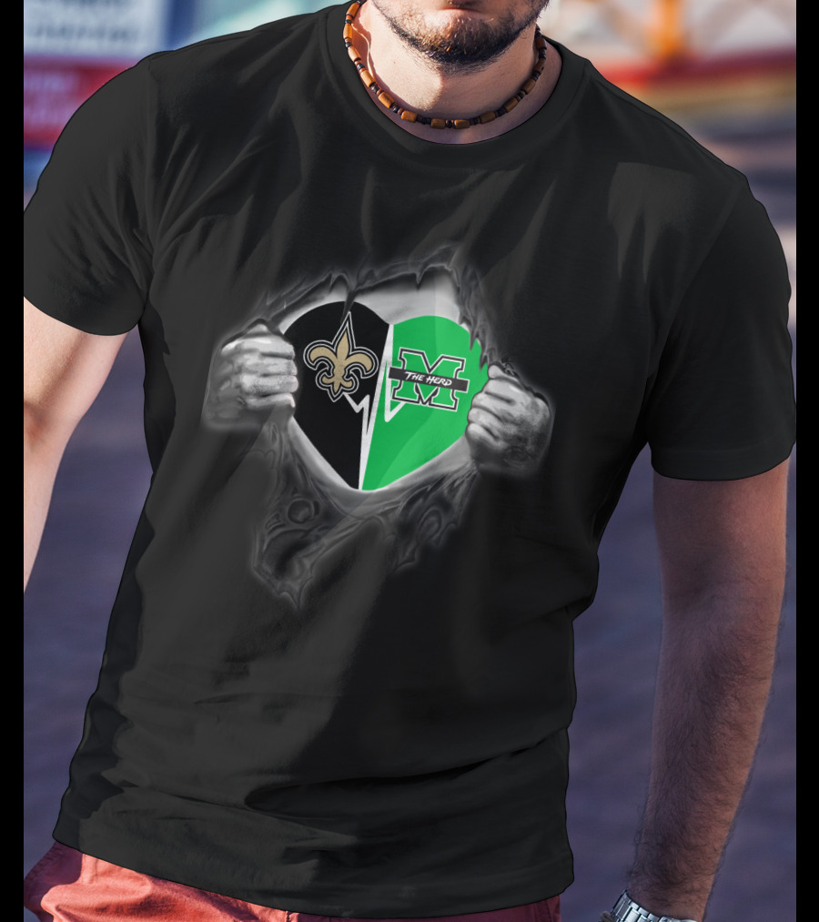 New Orleans Saints Marshall Thundering Herd Heart Logo Tear T-Shirt