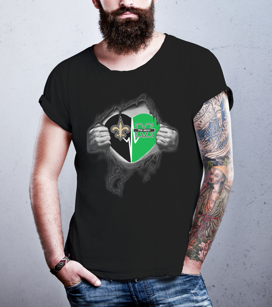 New Orleans Saints Marshall Thundering Herd Heart Logo Tear T-Shirt