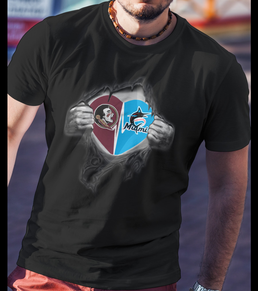 Seminoles Miami Split Heart Icon With Hands Ripping Open T-Shirt