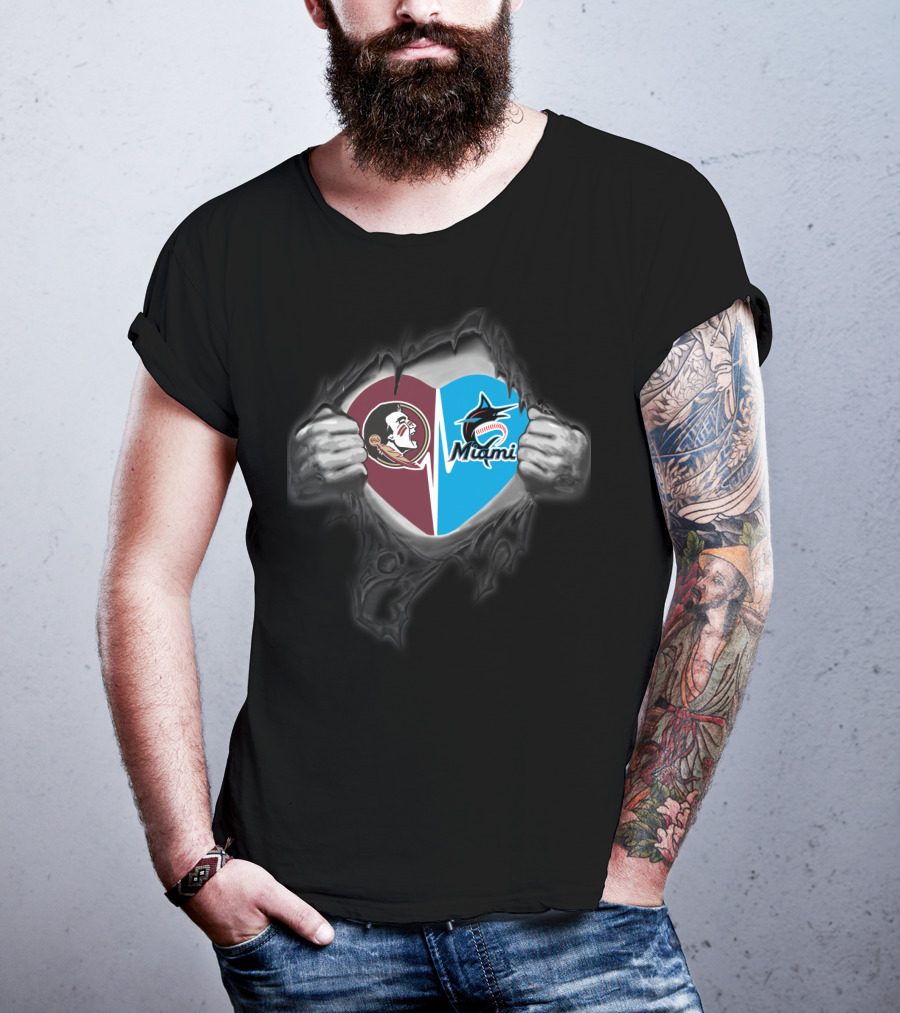 Seminoles Miami Split Heart Icon With Hands Ripping Open T-Shirt