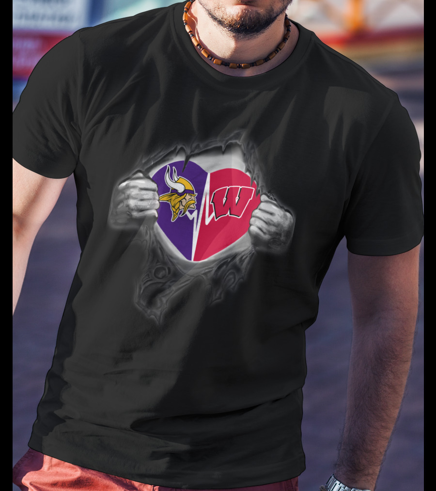 Vikings Wisconsin Badgers Split Heart Symbol T-Shirt