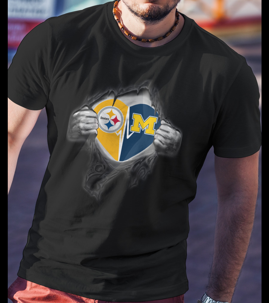 Steelers Michigan Wolverines Heart Logo Fusion T-Shirt