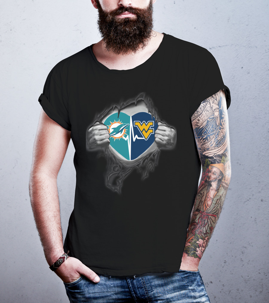 Miami Dolphins West Virginia Mountaineers Heart Hands T-Shirt
