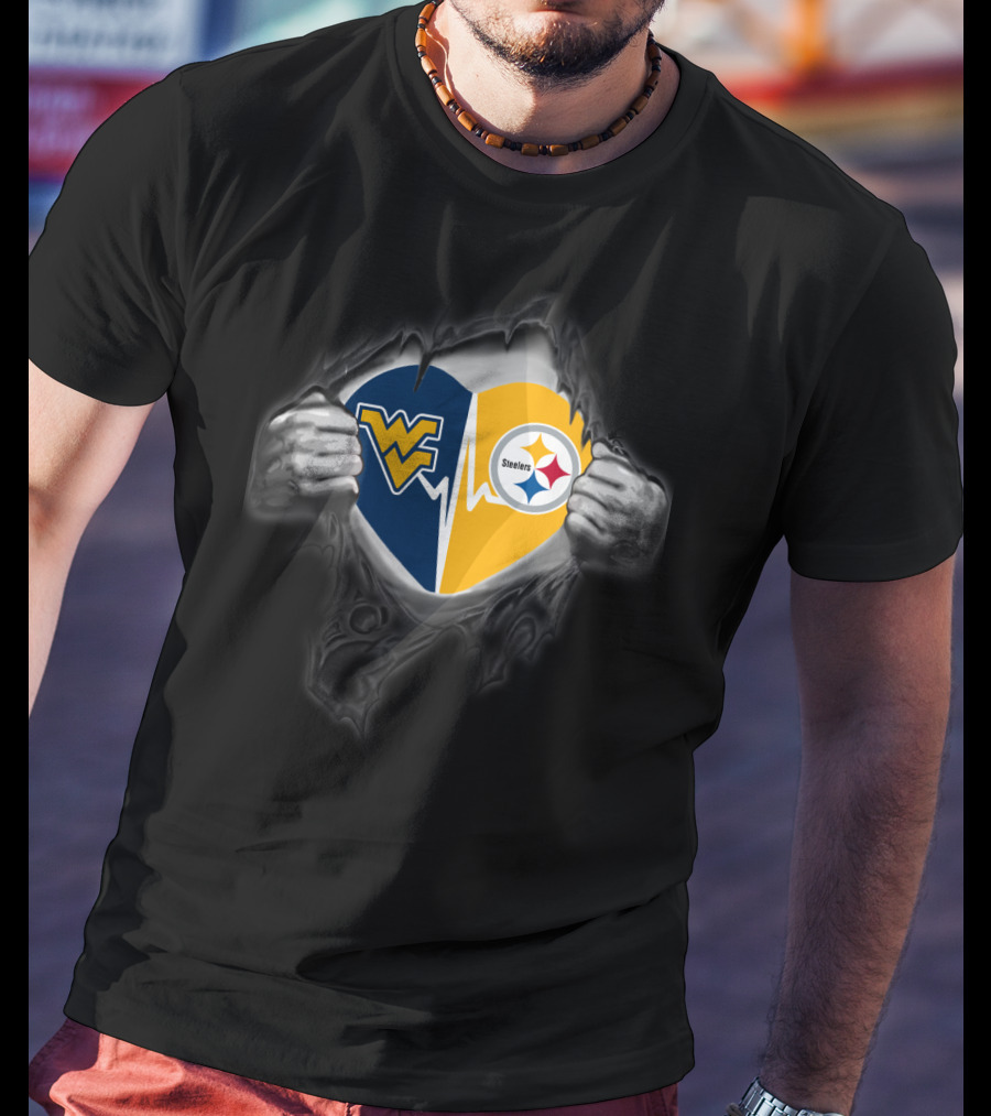 Steelers West Virginia Mountaineers Heart Split With Logos T-Shirt