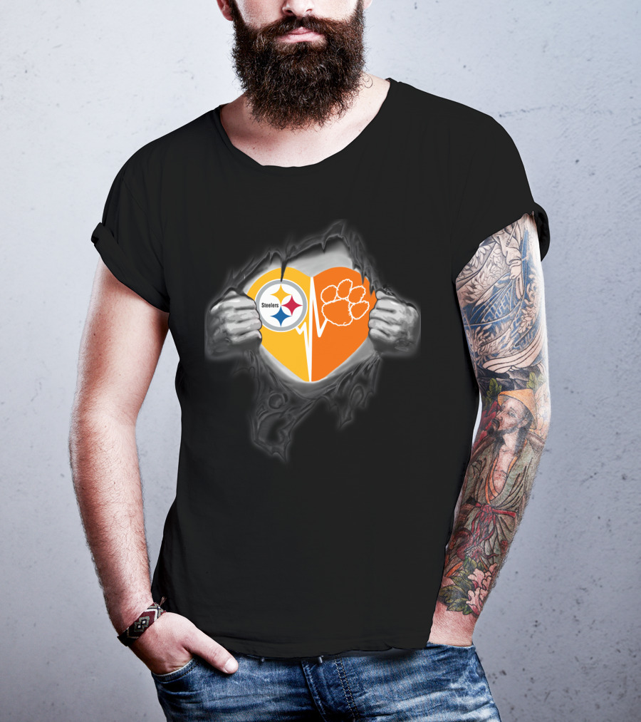 Steelers Heartbeat Clemson Tigers Paw T-Shirt