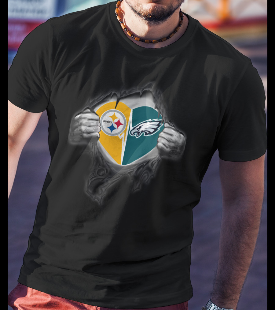 Steelers Eagles Heart Logo Dual Team Fan Pride T-Shirt