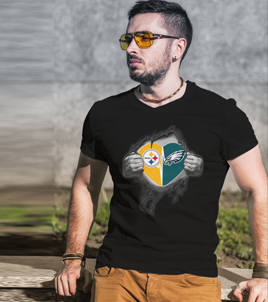 Steelers Eagles Heart Logo Dual Team Fan Pride T-Shirt