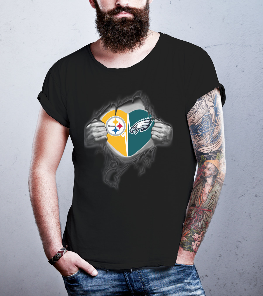 Steelers Eagles Heart Logo Dual Team Fan Pride T-Shirt
