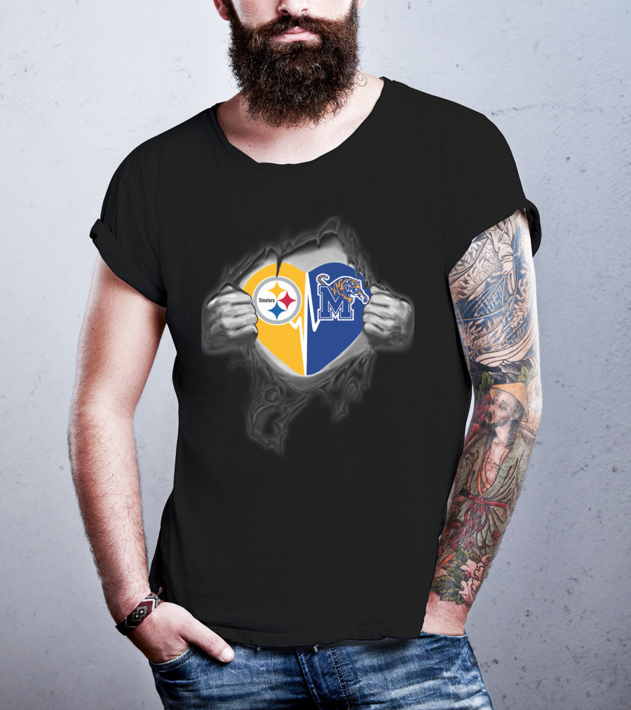 Steelers Memphis Tigers Heart Logo Fusion T-Shirt