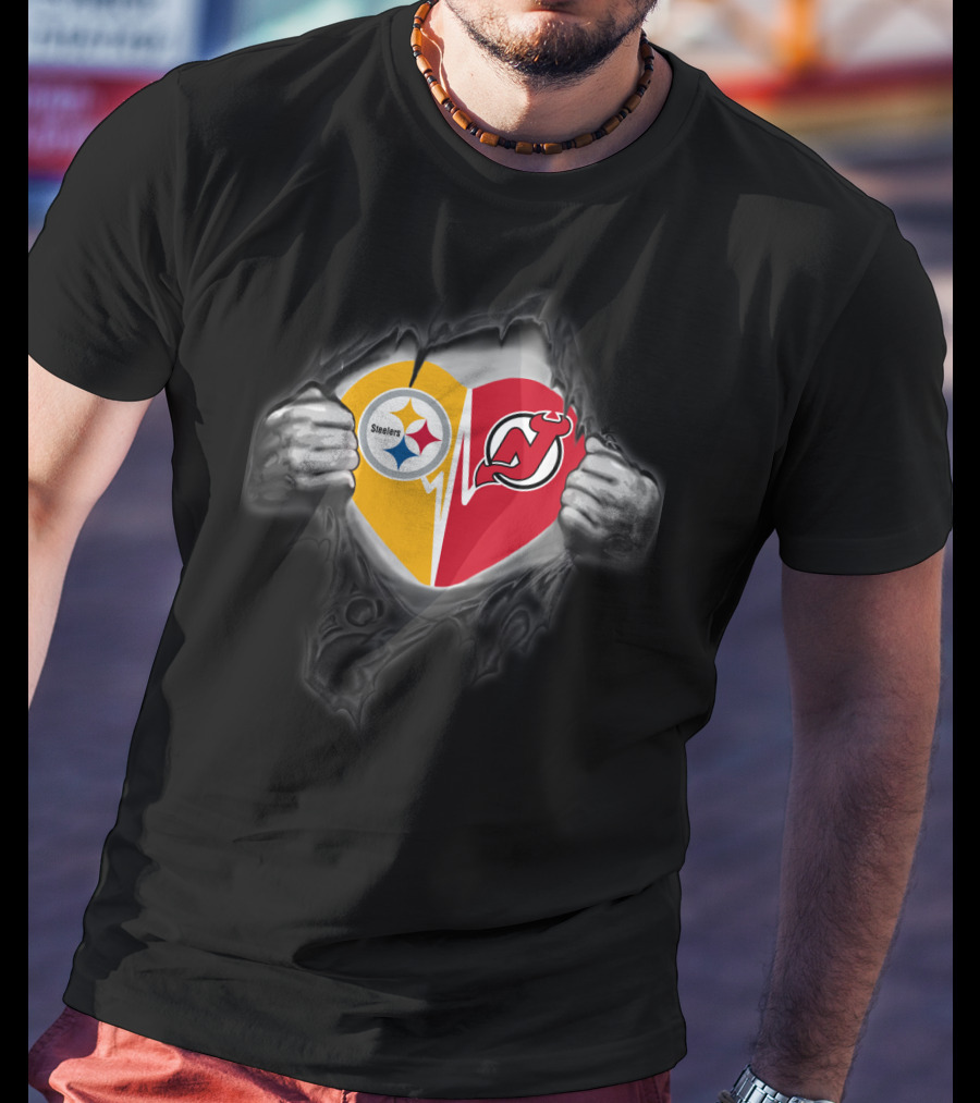Steelers New Jersey Devils Heart Logo Fan Tribute T-Shirt