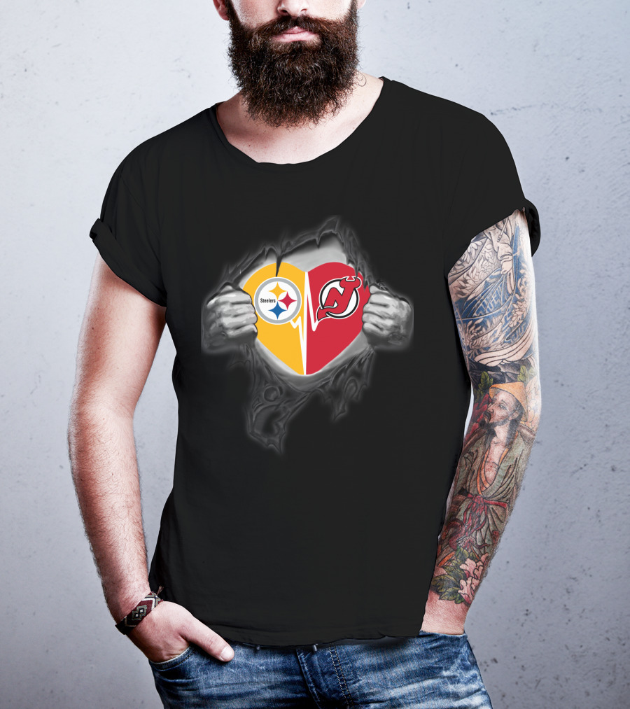 Steelers New Jersey Devils Heart Logo Fan Tribute T-Shirt