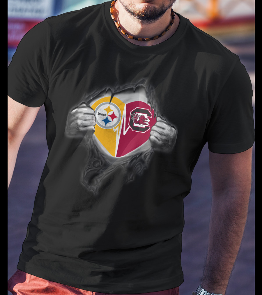 Steelers And South Carolina Gamecocks Heart Design With Ripped Hands Effect T-Shirt
