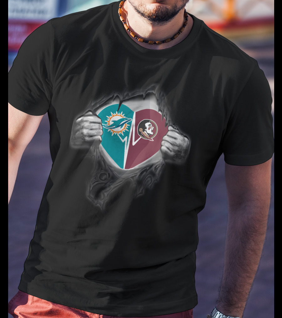 Miami Dolphins Florida State Seminoles Heart Logo Collaboration T-Shirt