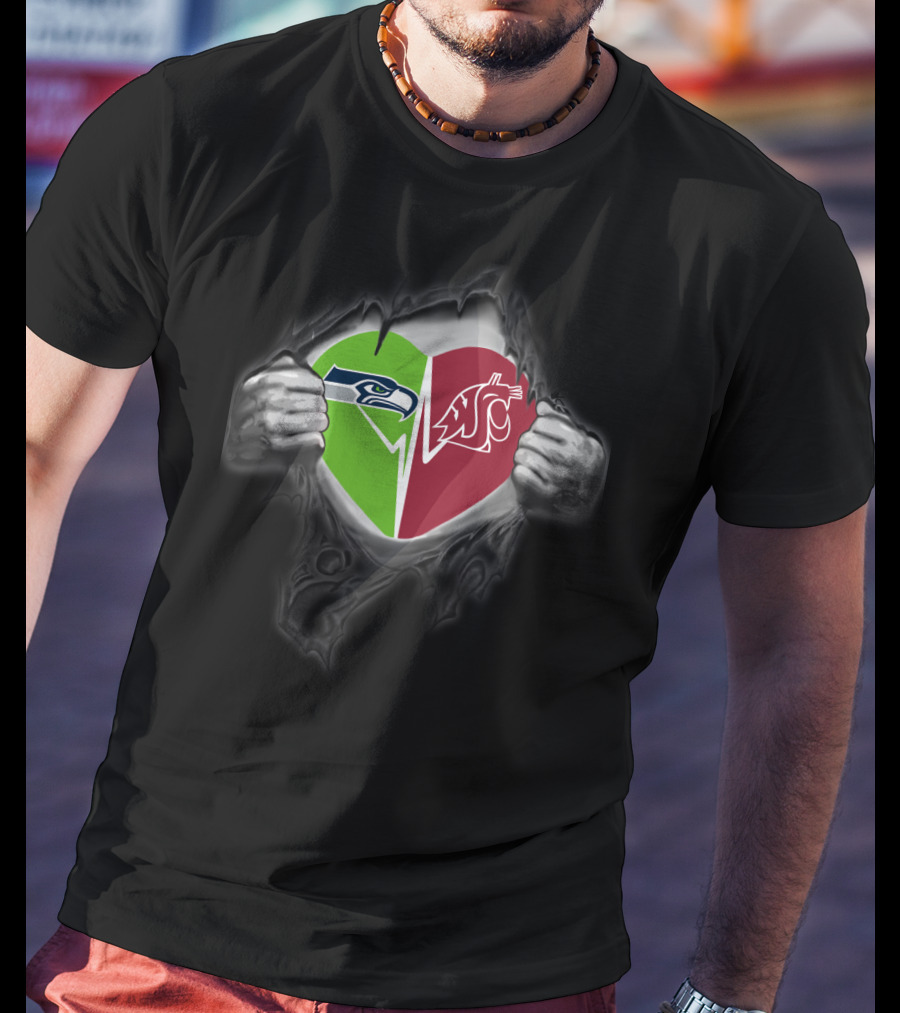Seahawks Washington State Cougars Heart Logo Torn T-Shirt