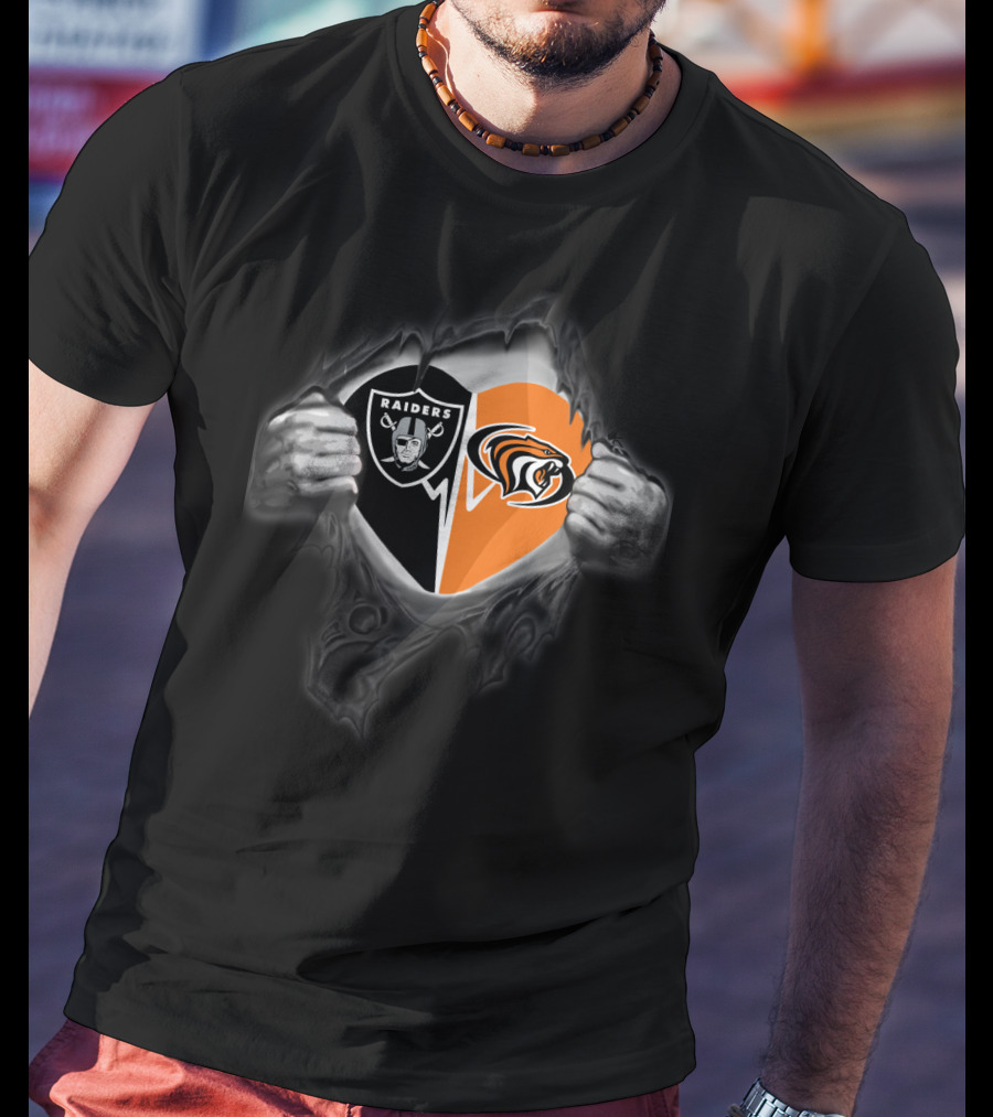 Raiders Pacific Tigers Heart Logo Fusion In Torn Fabric Effect T-Shirt