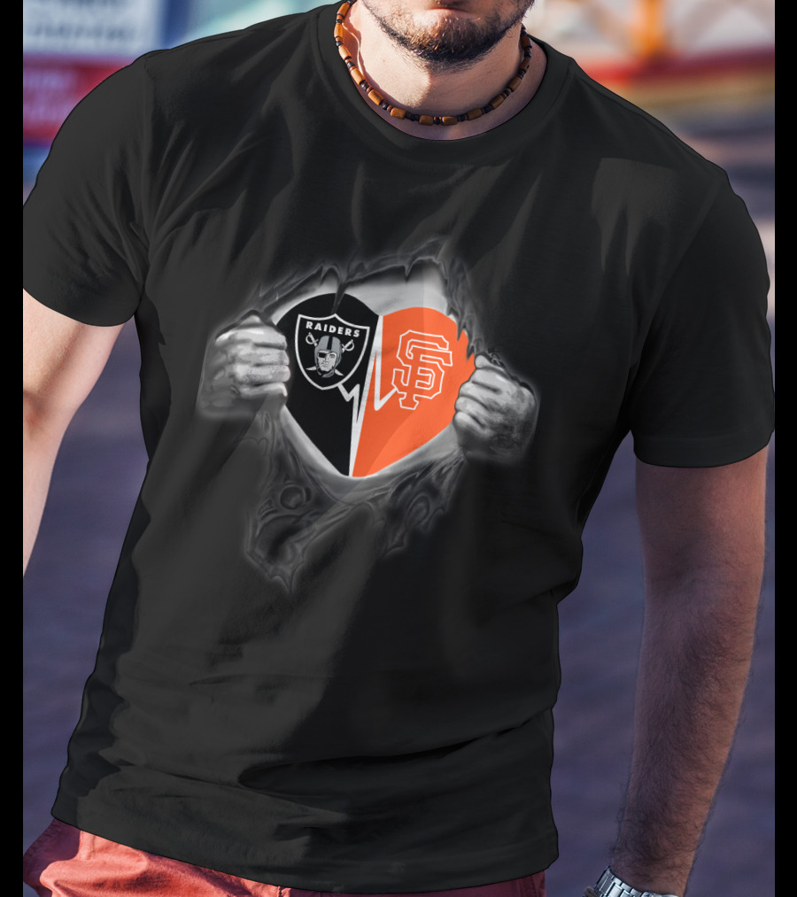Raiders And San Francisco Giants Heart Symbol Hands Pulling T-Shirt