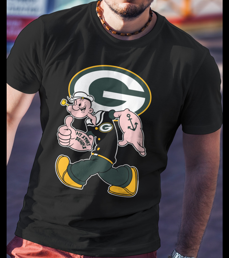 Popeye My Story Begins Green Bay Packers G Logo Anchor Tattoo T-Shirt