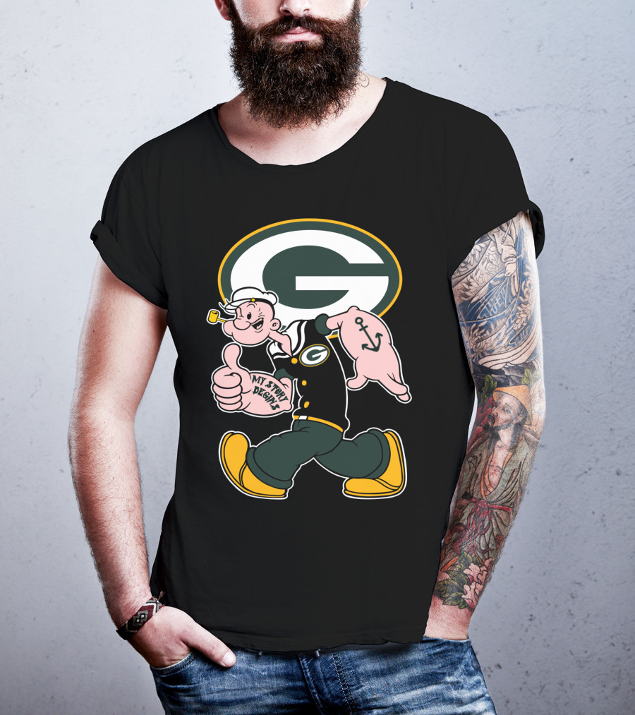 Popeye My Story Begins Green Bay Packers G Logo Anchor Tattoo T-Shirt