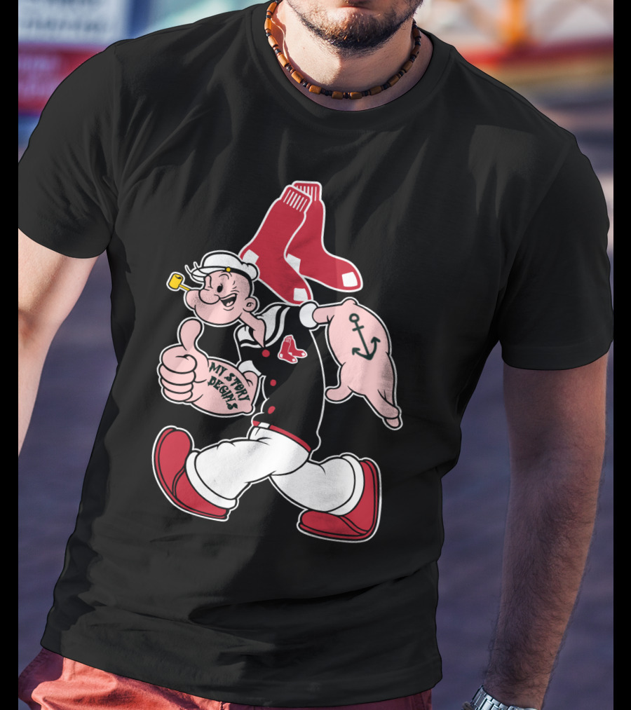 Popeye Thumbs Up Boston Red Sox Double Socks Anchor Tattoo Black T-Shirt
